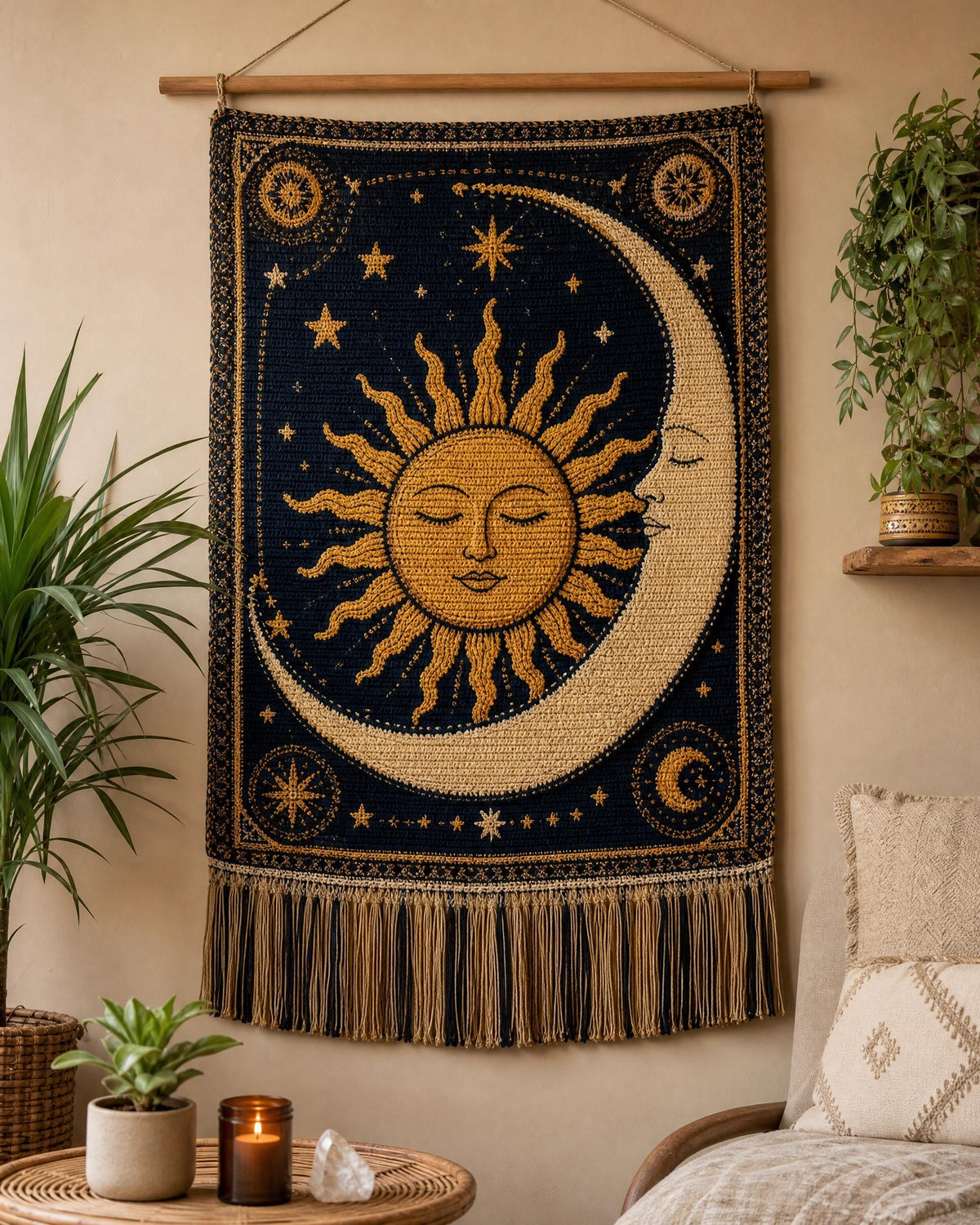 Celestial Sun Moon Tapestry Crochet Pattern – Boho Wall Hanging PDF (Beginner Friendly)