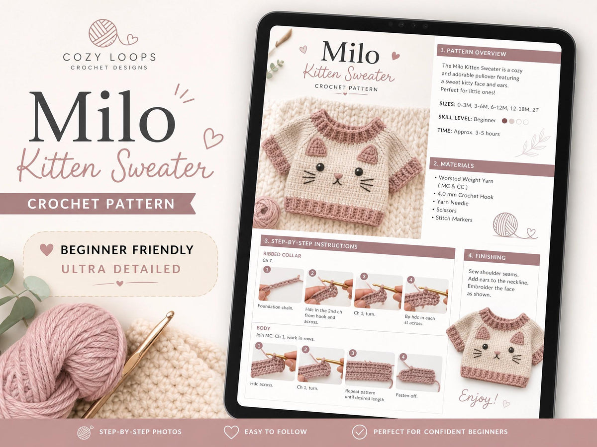 Milo Kitten Sweater Crochet Pattern – Beginner Friendly Cat Clothes PDF (Digital Download)