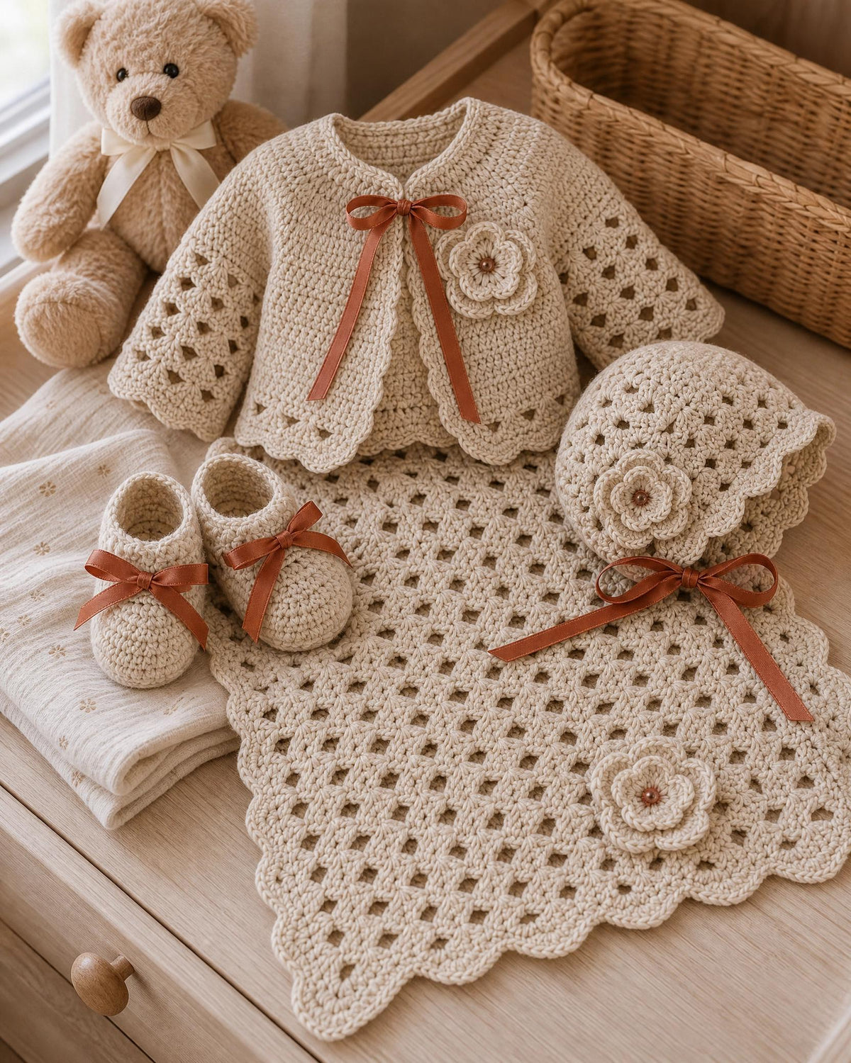 Crochet Baby Layette Set Pattern, 3-6 Month Cardigan, Hat, Booties, Blanket (PDF)