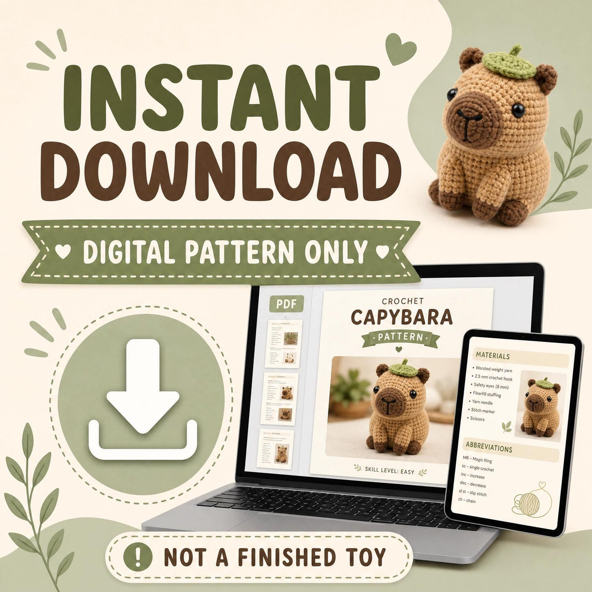 Crochet Capybara Pattern | Mushroom Hat Amigurumi PDF (Digital Download)