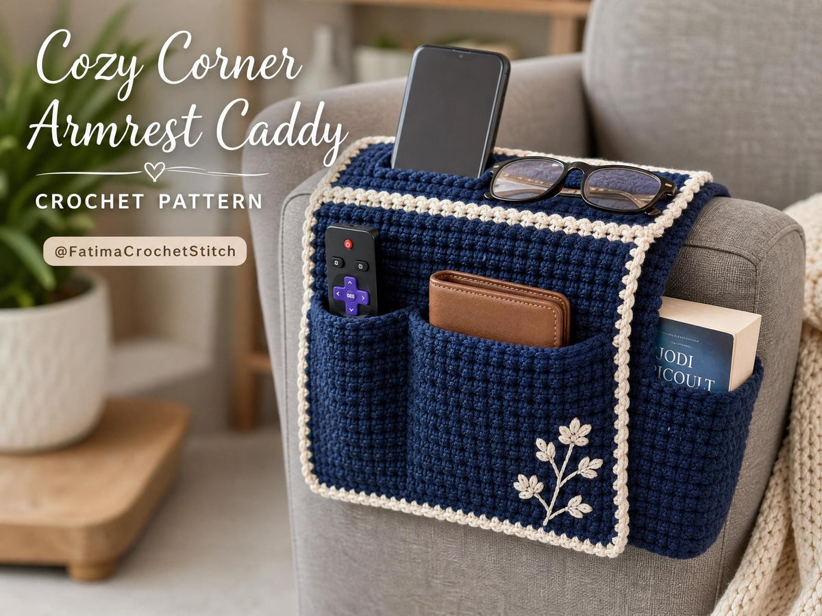 Crochet Armrest Caddy Pattern | Sofa Organizer, Navy Blue, Intermediate PDF