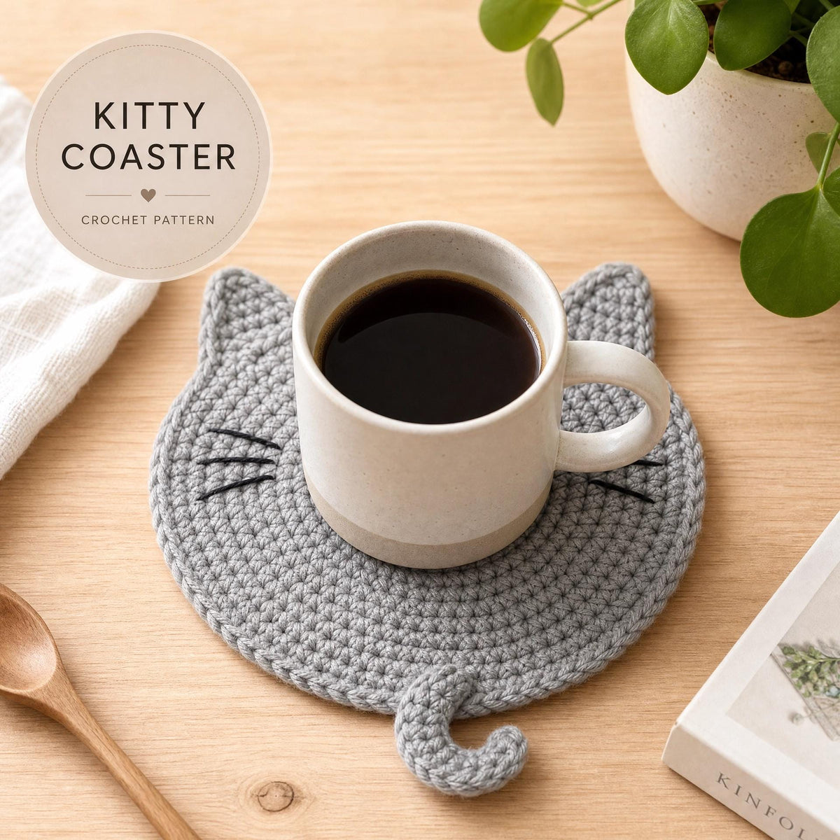 Crochet Kitty Cat Coaster Pattern – Beginner Friendly Mug Rug Design (PDF Download)
