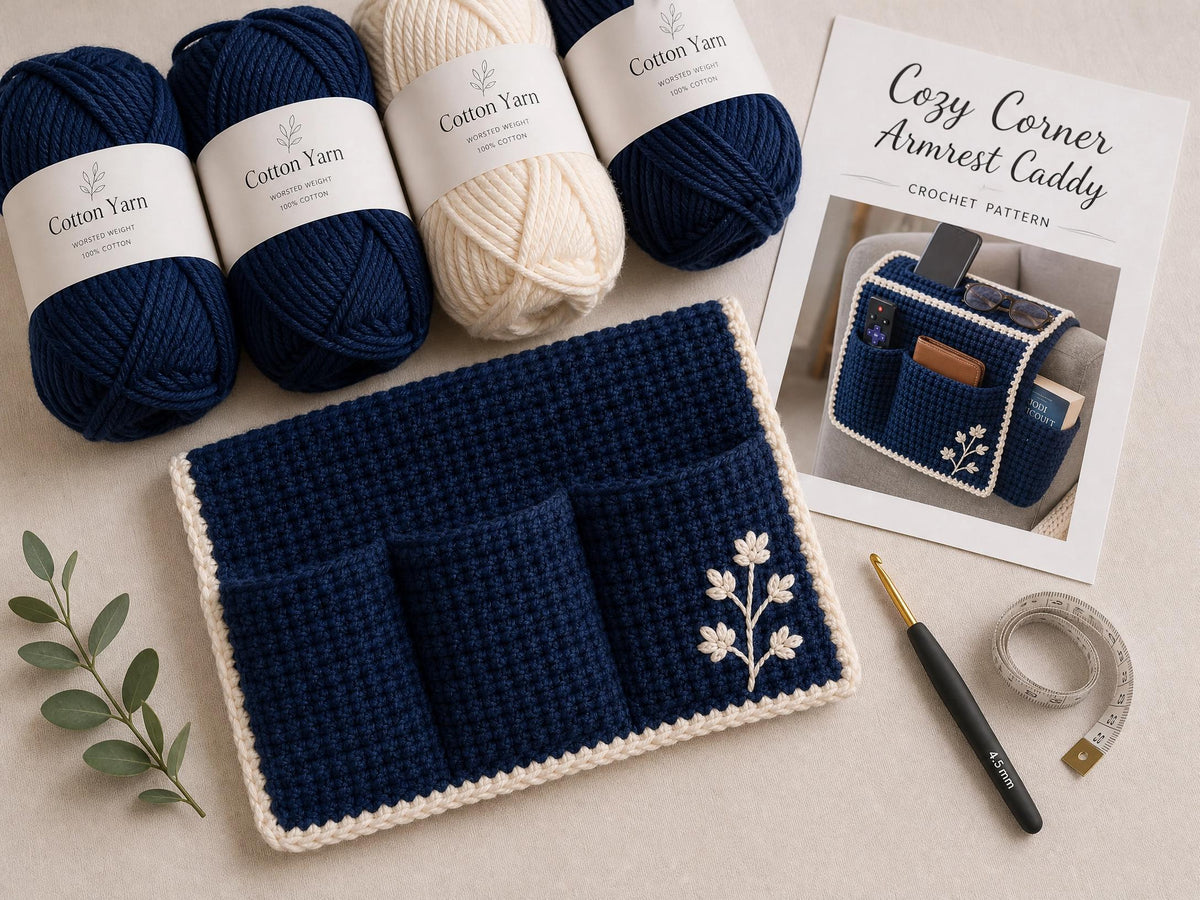 Crochet Armrest Caddy Pattern | Sofa Organizer, Navy Blue, Intermediate PDF