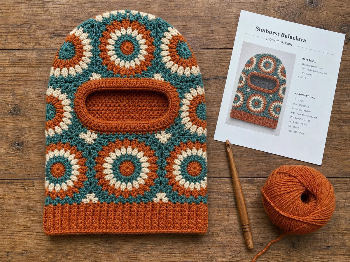 Retro Sunburst Balaclava Crochet Pattern - Beginner Friendly Digital Download
