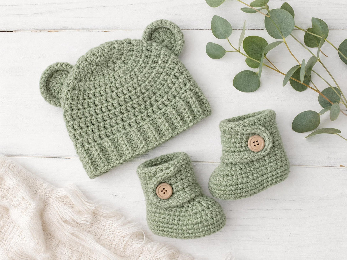 Sage Bear Hat & Booties Crochet Pattern | Newborn Baby Gift Set (PDF)