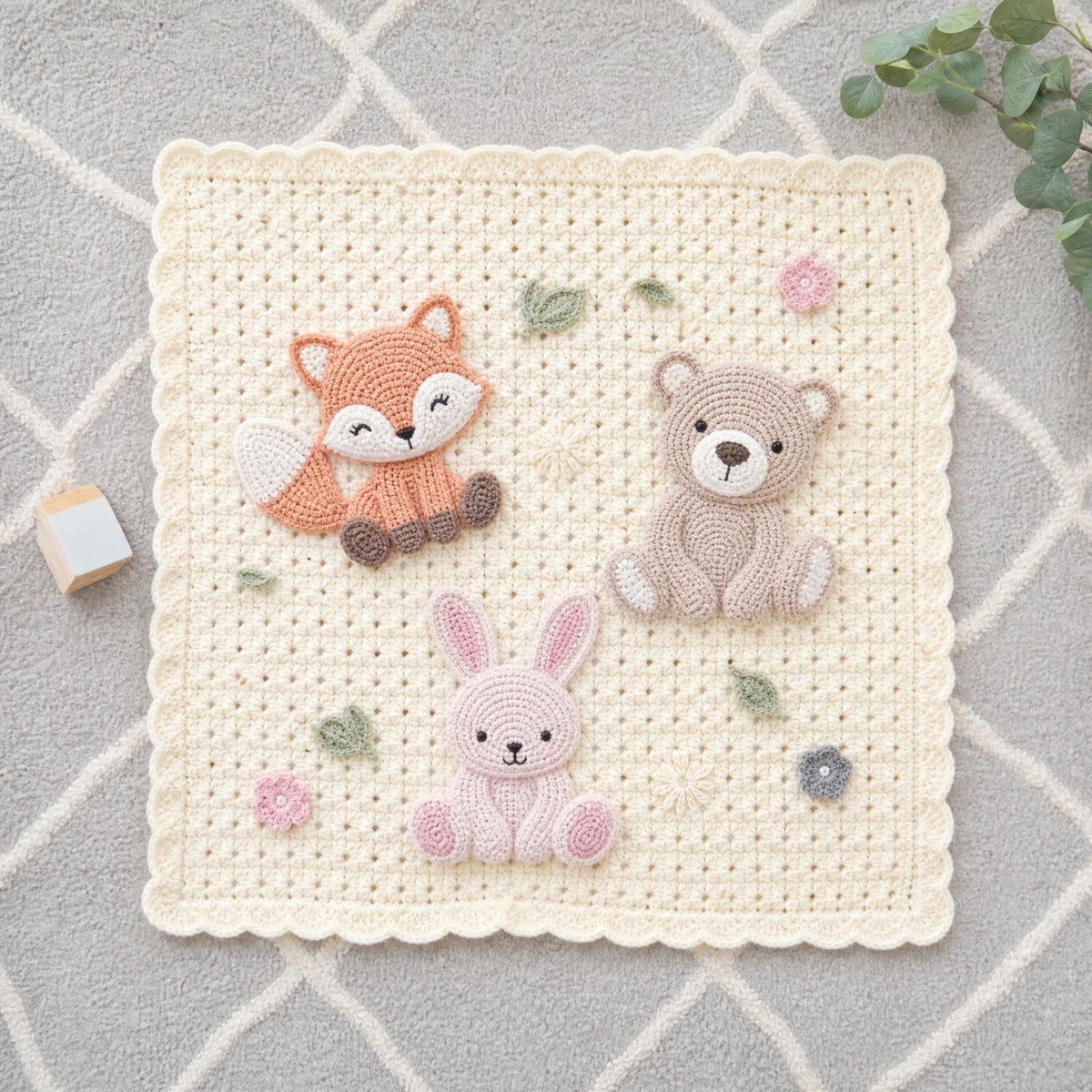 Woodland Friends Baby Blanket Crochet Pattern - Fox Bear Bunny Appliqué PDF - Advanced Instant Download