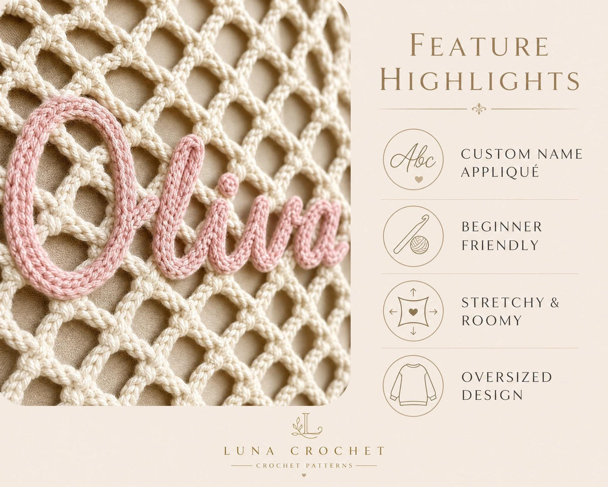 Crochet Beach Bag Pattern | Oversized Net Tote, Personalized Name Appliqué (PDF Download)