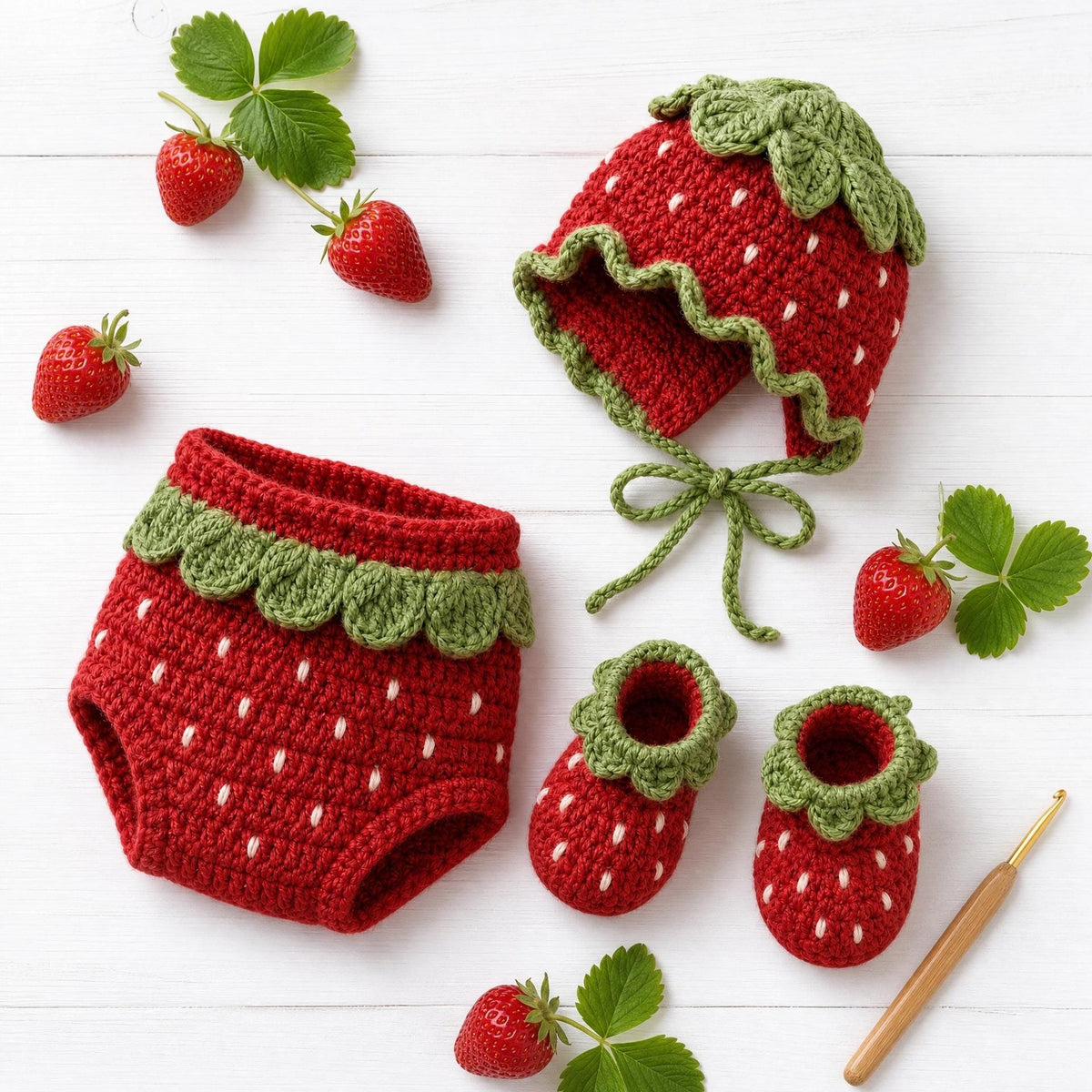 Strawberry Baby Crochet Set Pattern – Bonnet, Diaper Cover, Booties (Digital PDF)