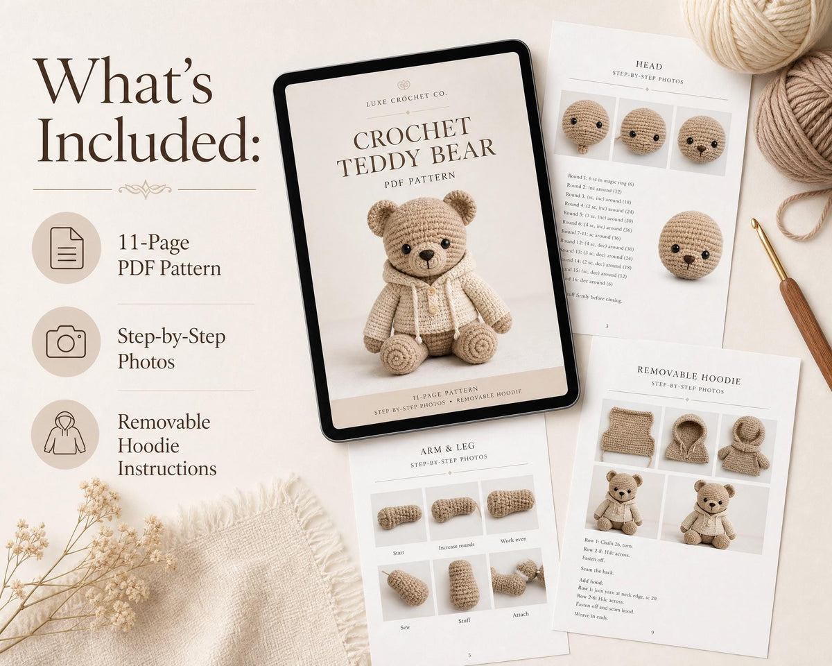Crochet Teddy Bear Pattern, Removable Hoodie Amigurumi Plushie PDF (Instant Download)