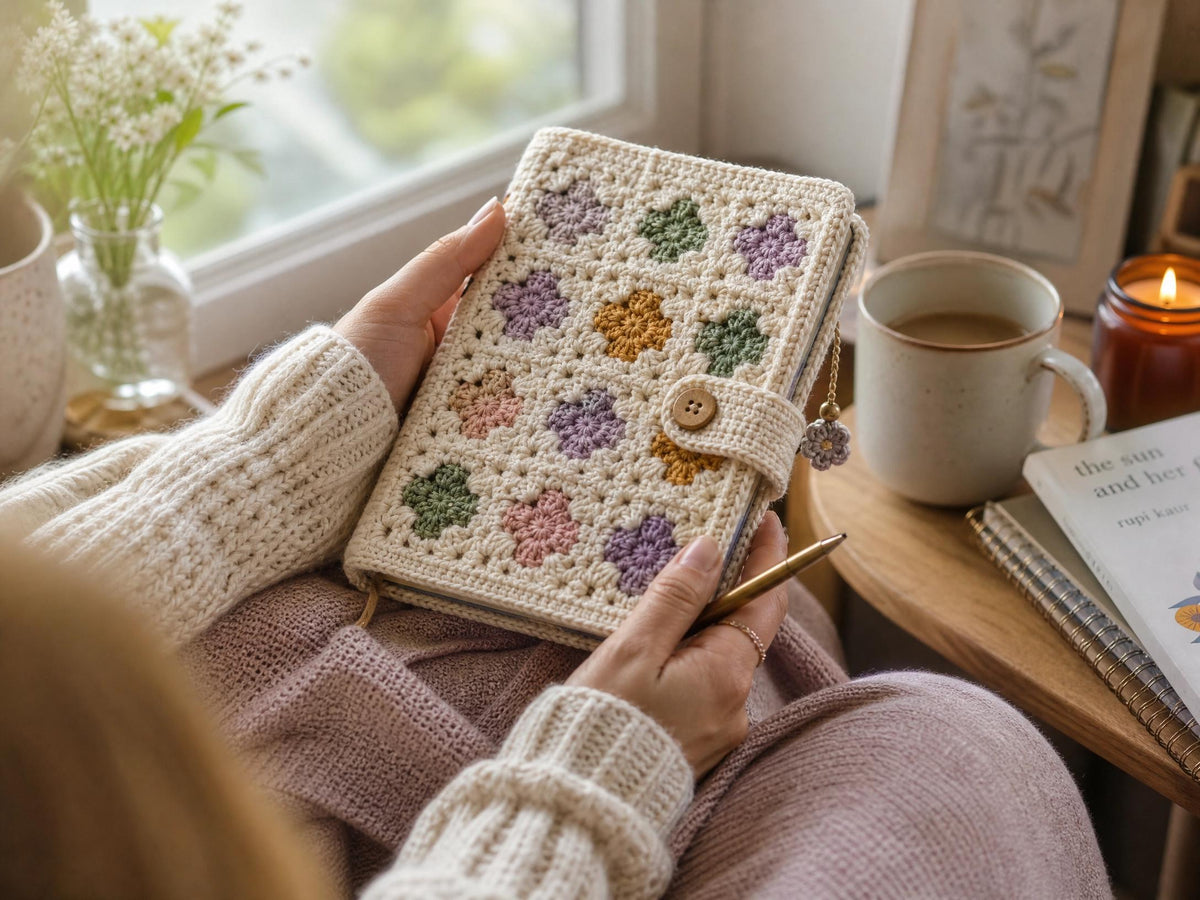 Vintage Floral Crochet Journal Cover Pattern – Beginner Friendly Book Sleeve (PDF Download)