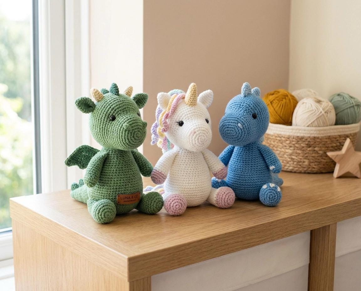 Amigurumi Crochet Pattern Bundle: Dragon, Unicorn, Dinosaur Stuffed Animals (PDF)