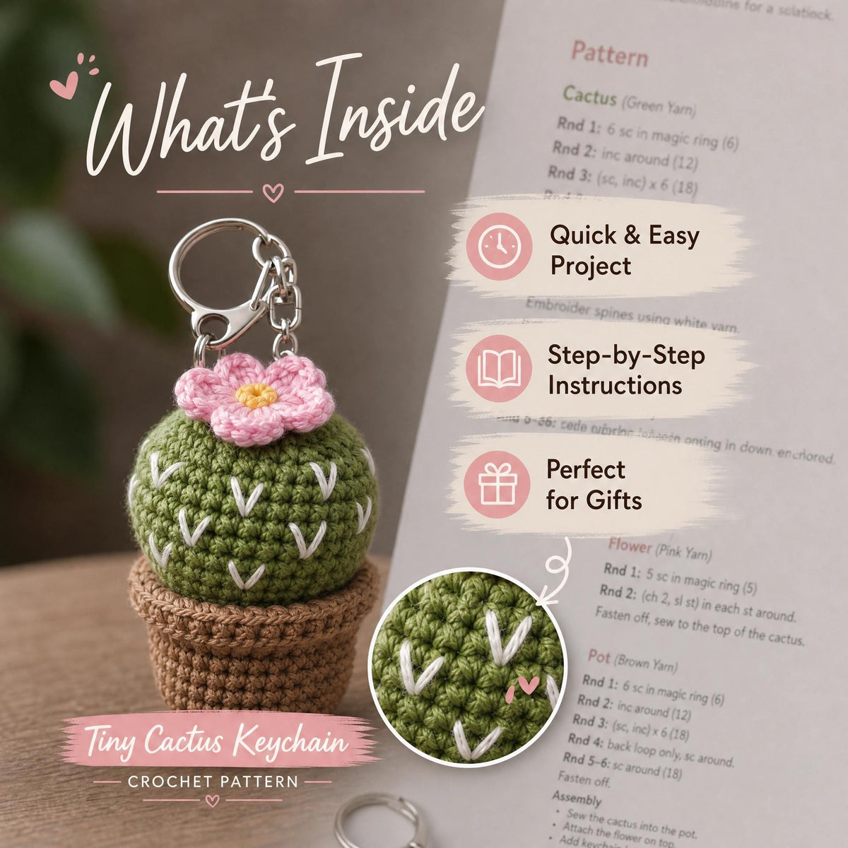 Tiny Cactus Crochet Keychain Pattern | Amigurumi Succulent Bag Charm PDF