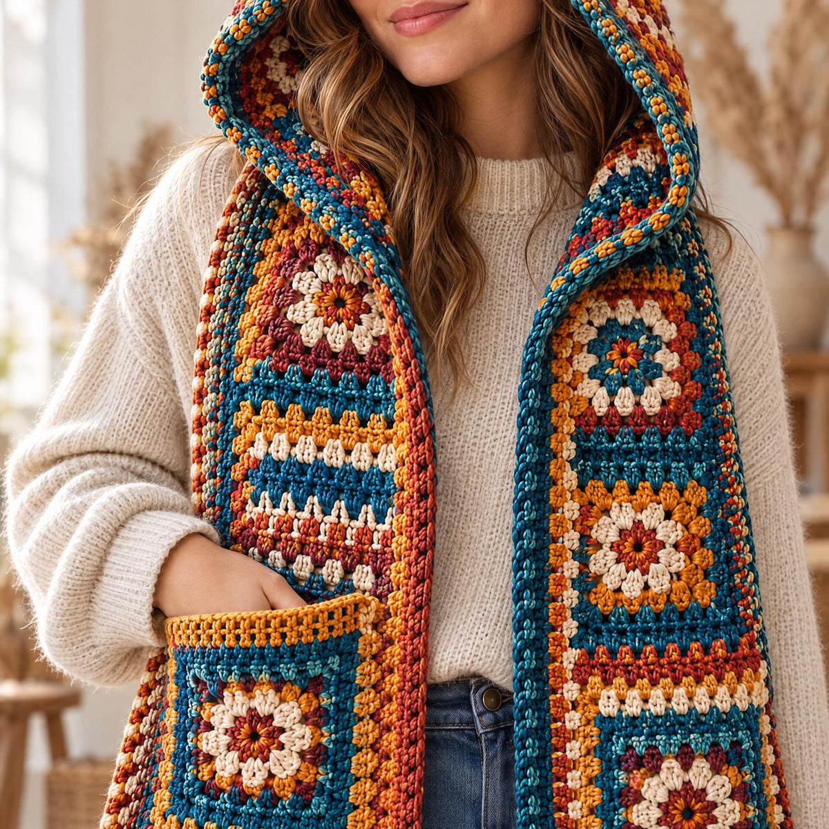 Crochet Hooded Scarf Pattern: 32 Granny Squares, Pockets, Tassel Fringe (Digital Download)