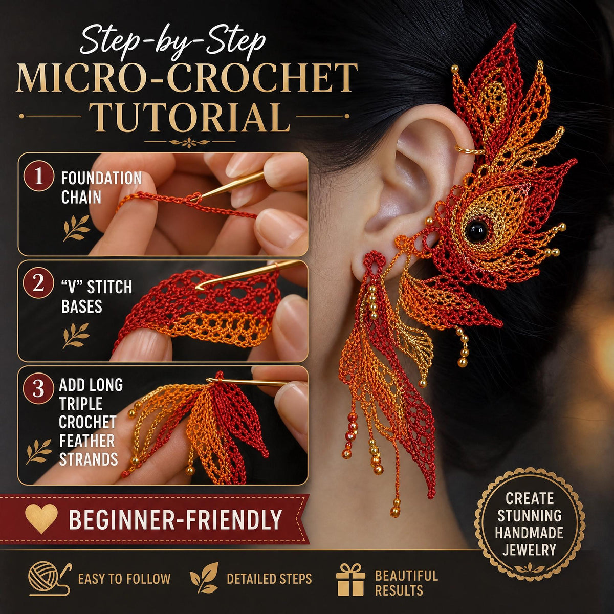 Phoenix Feather Ear Cuff Crochet Pattern | Micro Crochet Jewelry Tutorial (PDF Download)