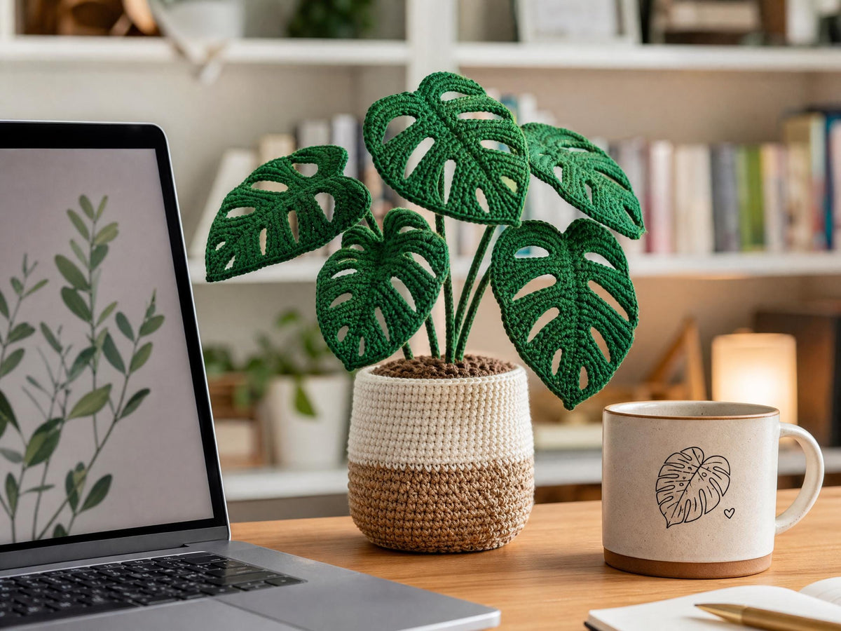 Crochet Plant Pattern – Interchangeable Monstera Leaf, Poinsettia Flower (PDF)