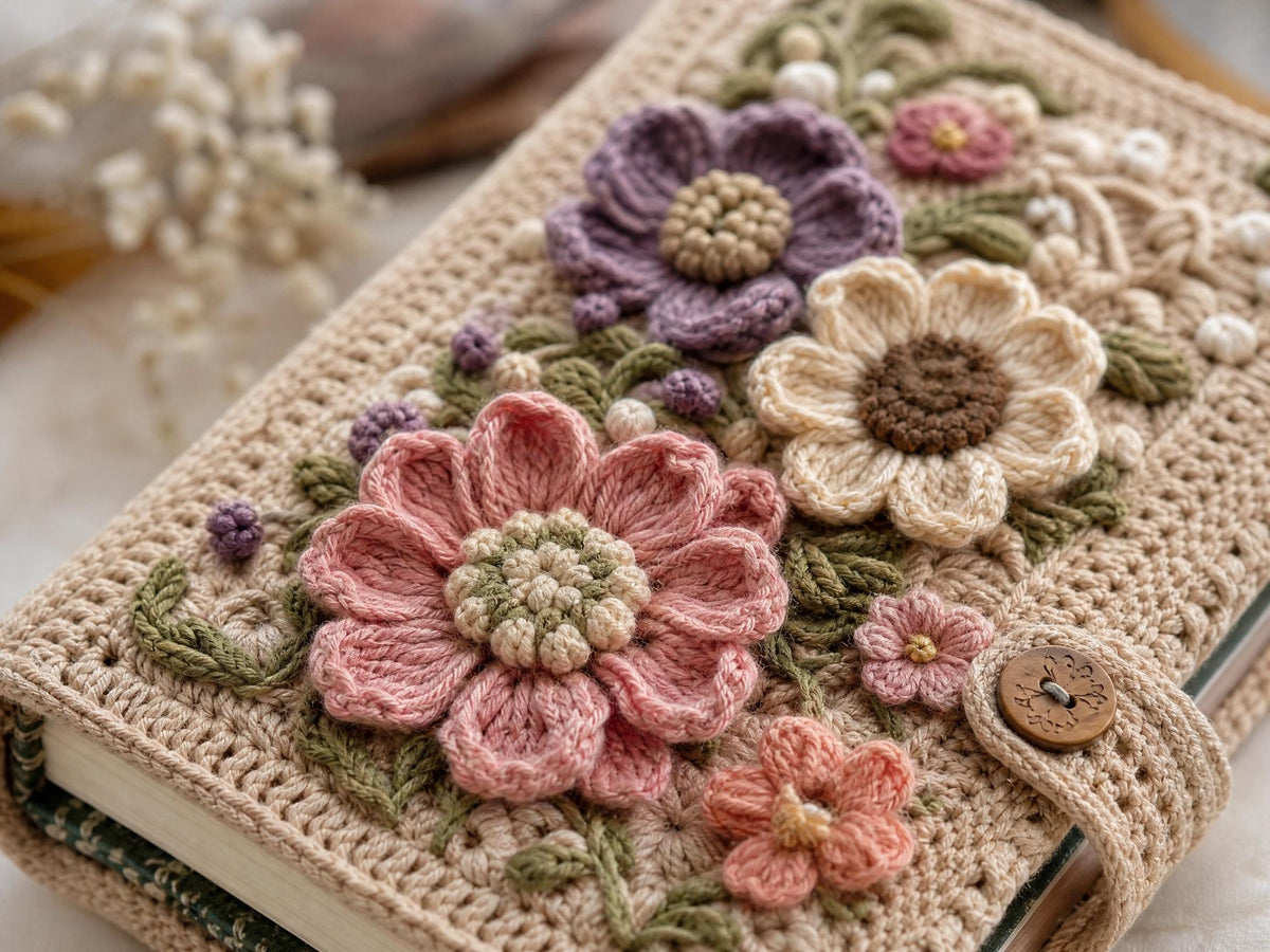 Vintage Floral Crochet Journal Cover Pattern – Beginner Friendly Book Sleeve (PDF Download)