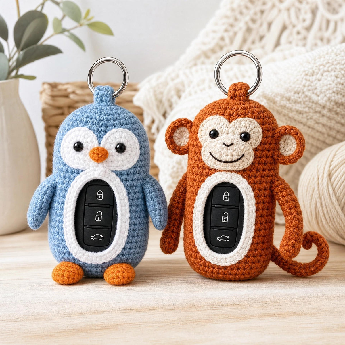 Crochet Penguin Monkey Key Fob Pattern, Animal Car Key Holder Cozy (PDF)