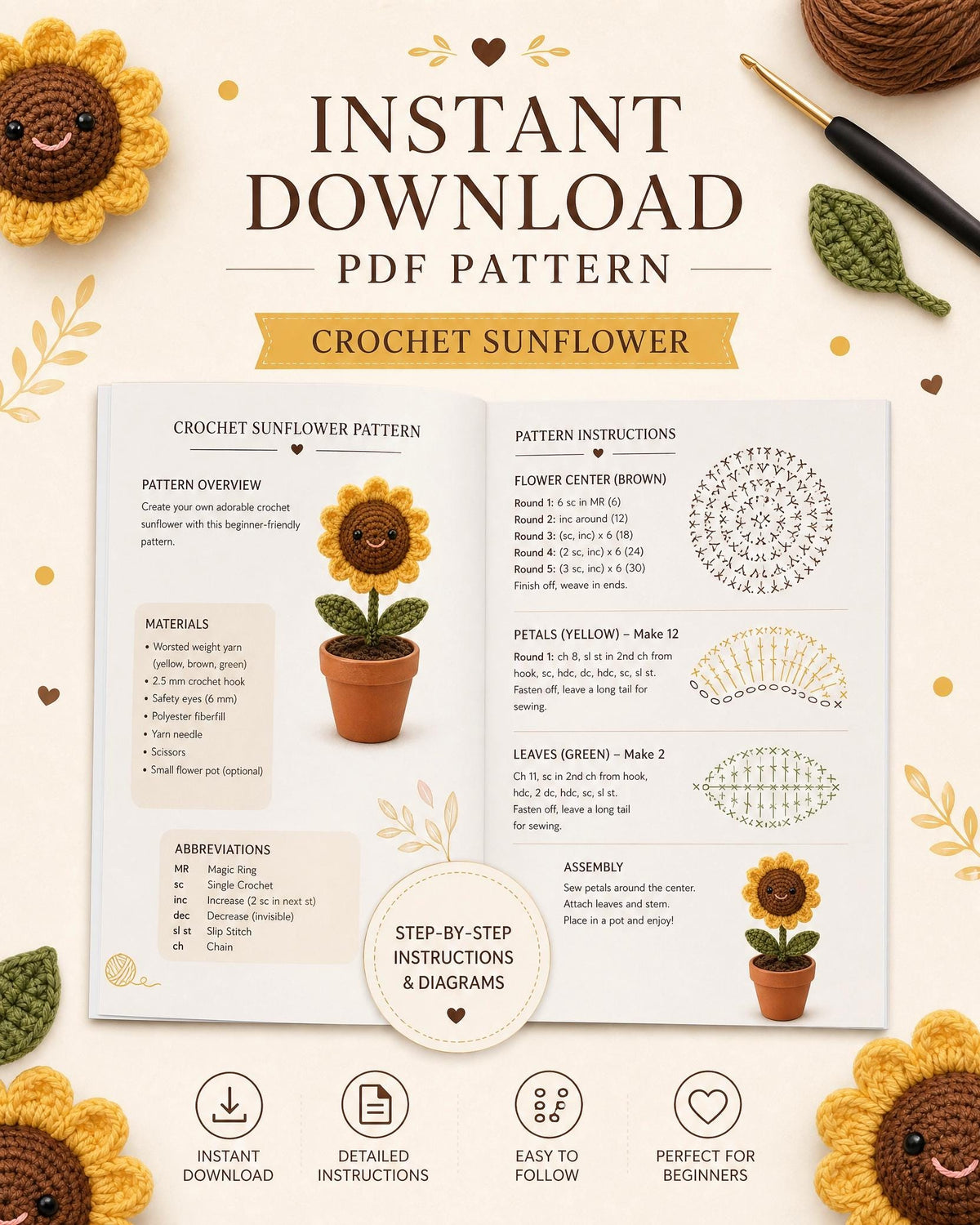Sunflower Crochet Pattern | Beginner Amigurumi Flower Pot DIY (PDF Download)