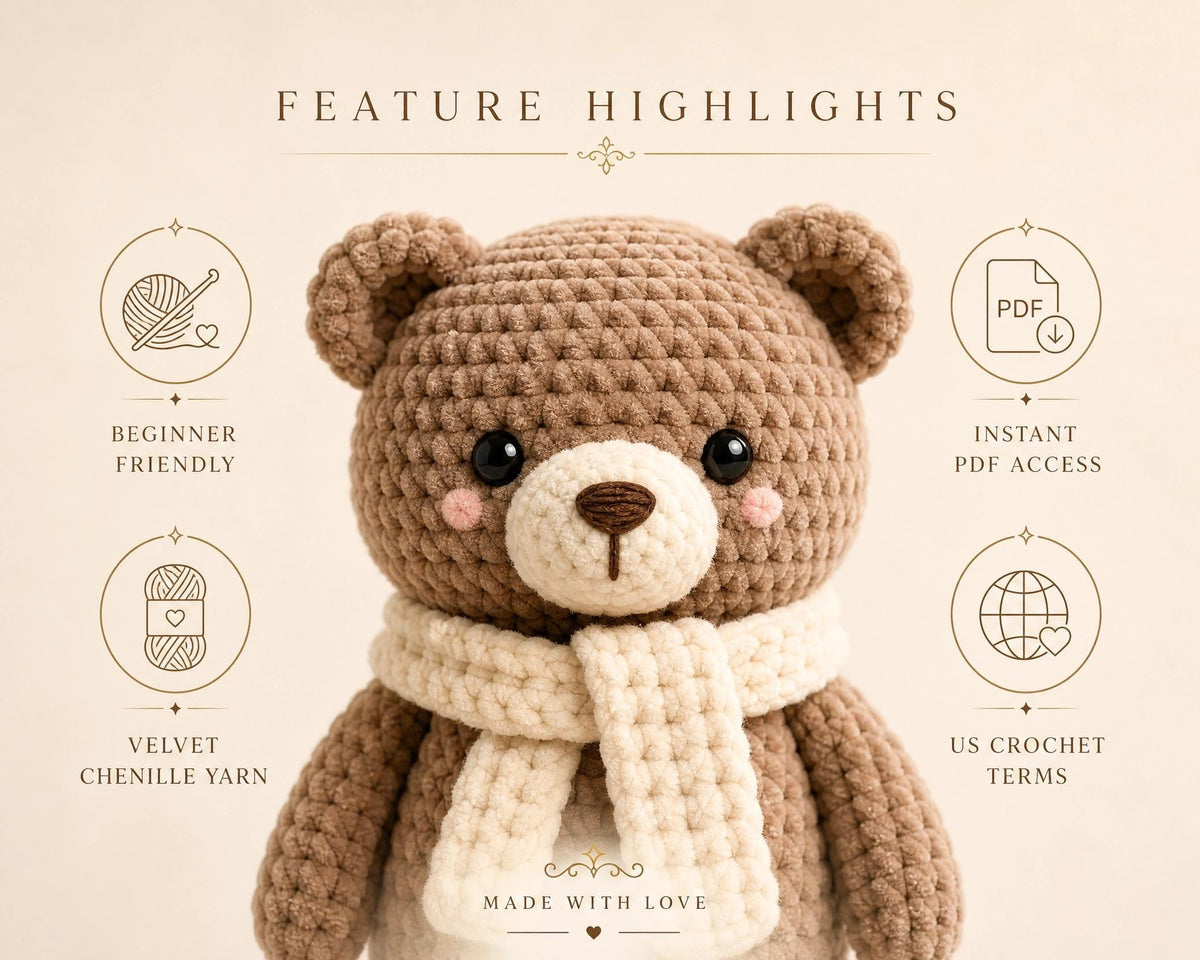 Velvet Teddy Bear Crochet Pattern – Beginner Amigurumi PDF (Instant Download)