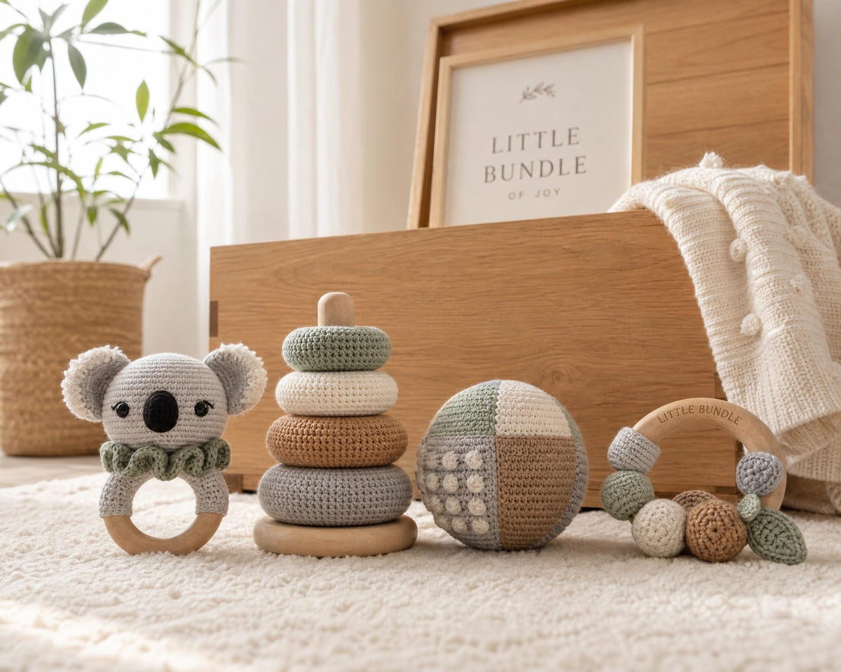 4-in-1 Sensory Toy Crochet Patterns | Koala Rattle, Stacking Rings, Ball (PDF Download)