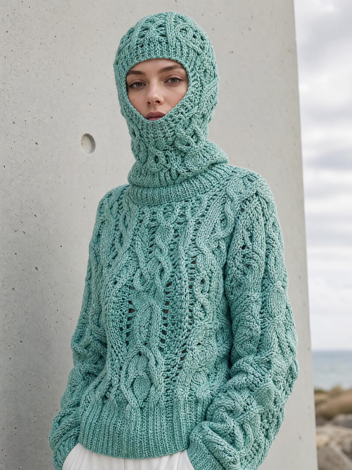 Lichen Cables Balaclava Sweater Crochet Pattern | Chunky Faux Cable Co-Ord Set (PDF Download)