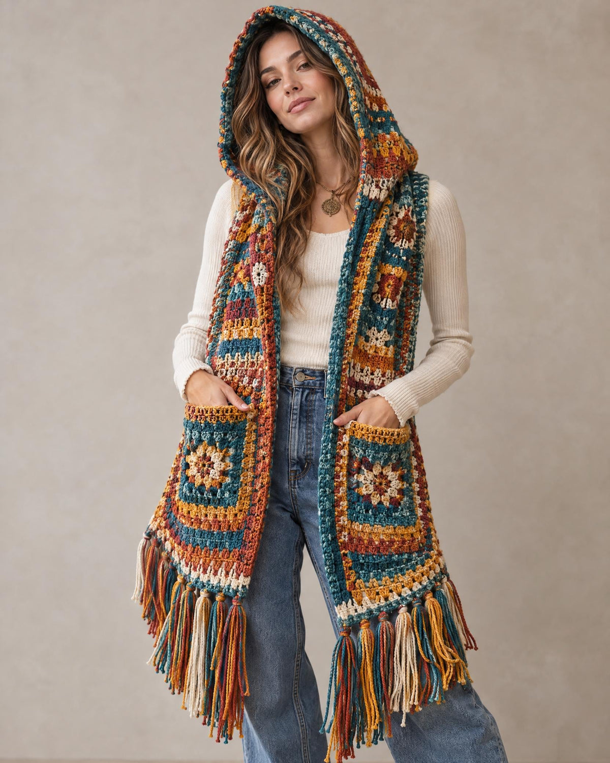 Crochet Hooded Scarf Pattern: 32 Granny Squares, Pockets, Tassel Fringe (Digital Download)