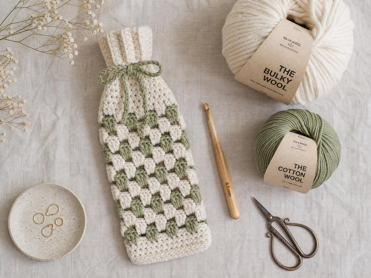 Textured Crochet Wine Bottle Cover Pattern | Sage Green Leaf Appliqué (PDF Pattern)
