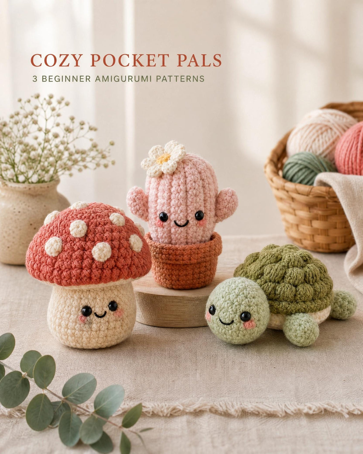 Beginner Crochet Plush Trio Pattern, Mushroom Cactus Turtle Amigurumi (PDF Download)