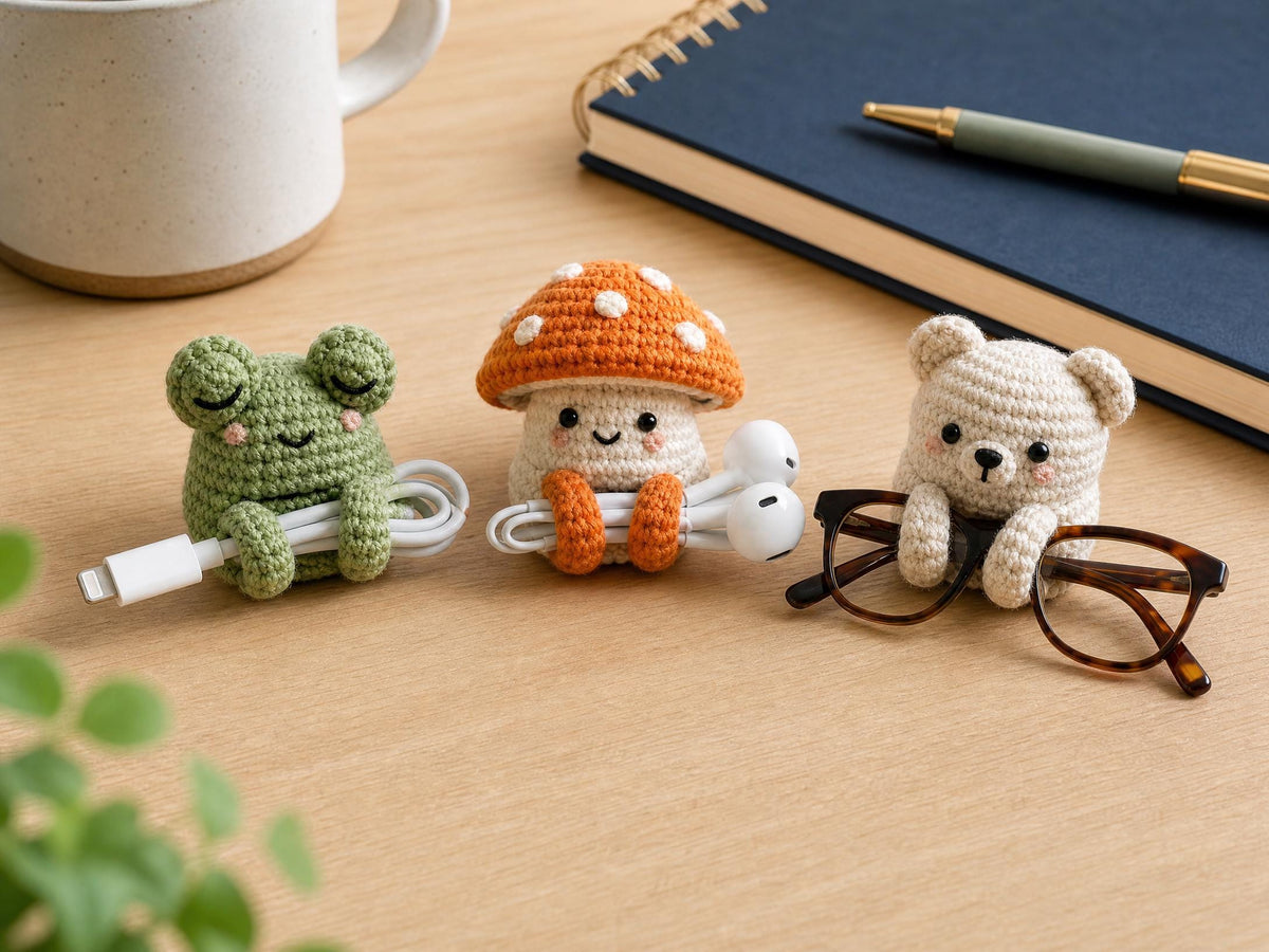Crochet Frog, Mushroom, Bear Cable Holder Pattern, Beginner Amigurumi Desk Buddy (PDF Download)
