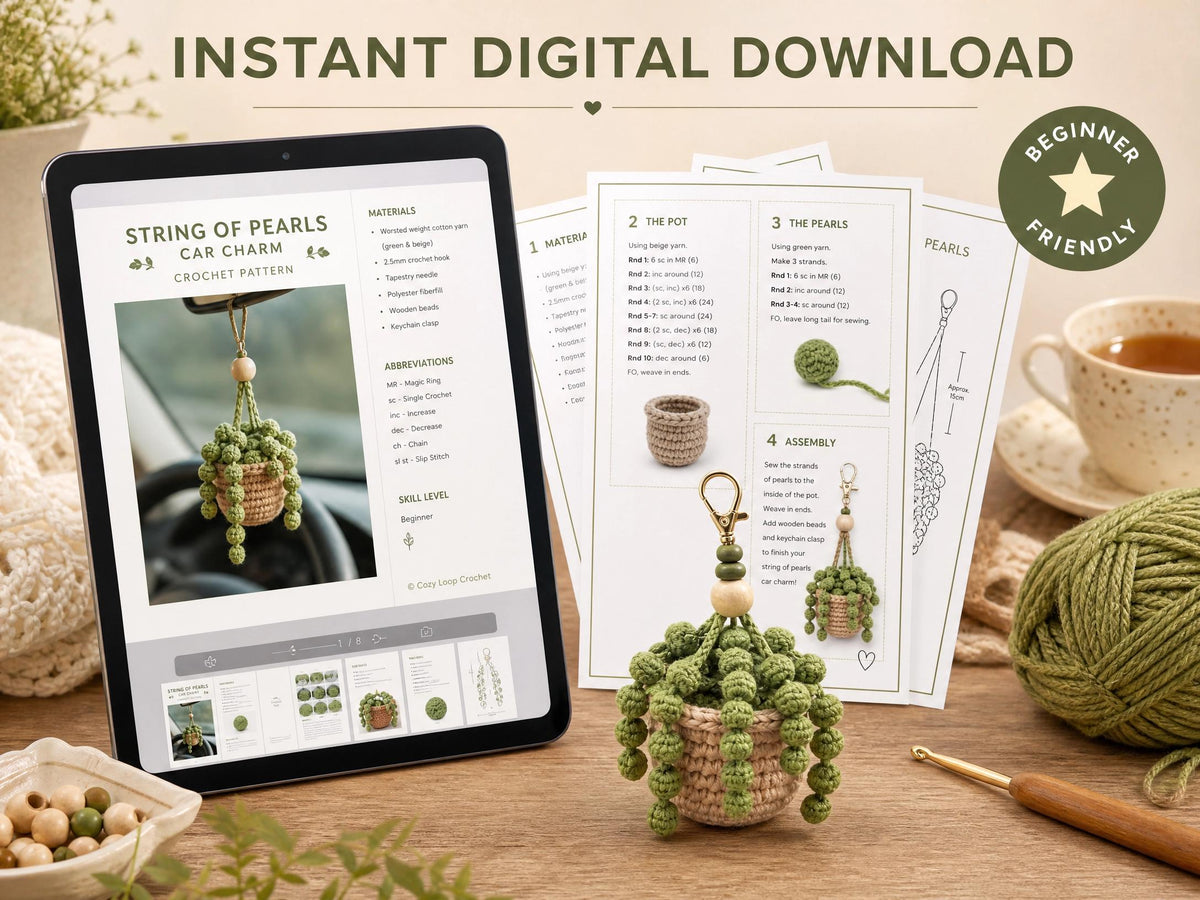 Crochet String of Pearls Car Charm Pattern | Beginner Friendly Hanging Planter (Digital Download)