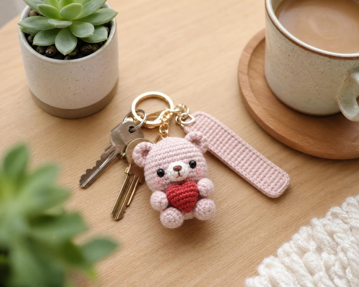 Crochet Bear Keychain Pattern, Amigurumi Heart, Personalized Name Tag (PDF Download)
