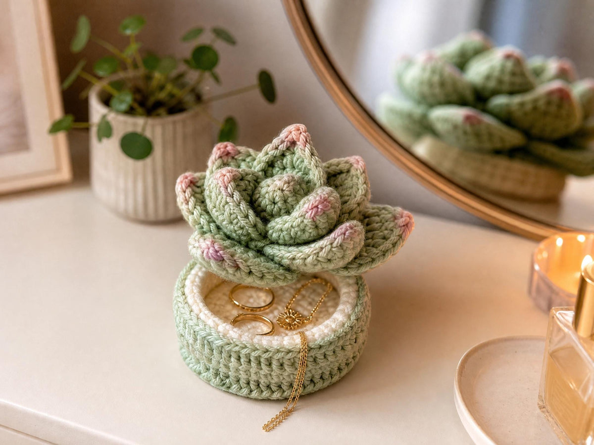 Crochet Succulent Jewelry Box Pattern – Beginner Friendly Echeveria Trinket Box (PDF)