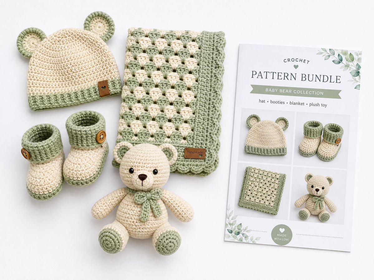 Baby Bear Crochet Pattern Bundle | Hat, Booties, Blanket, Plush Toy (PDF Download)