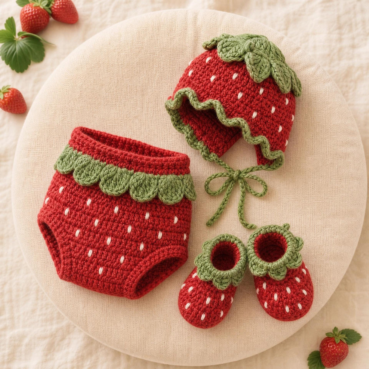 Strawberry Baby Crochet Set Pattern – Bonnet, Diaper Cover, Booties (Digital PDF)