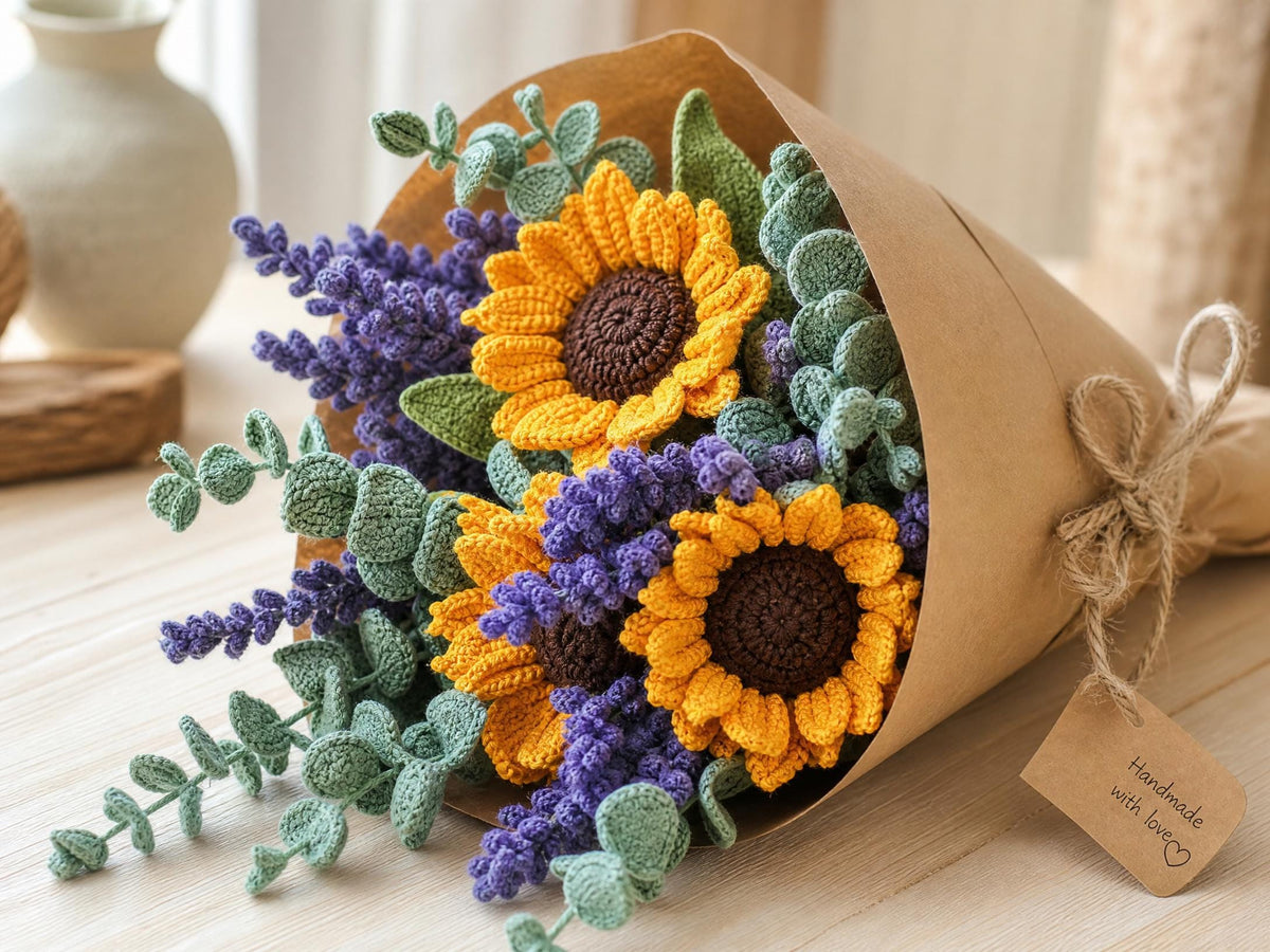 Crochet Bouquet Pattern - Sunflowers, Lavender & Eucalyptus - Beginner Friendly PDF - Everlasting Floral Arrangement Digital Download