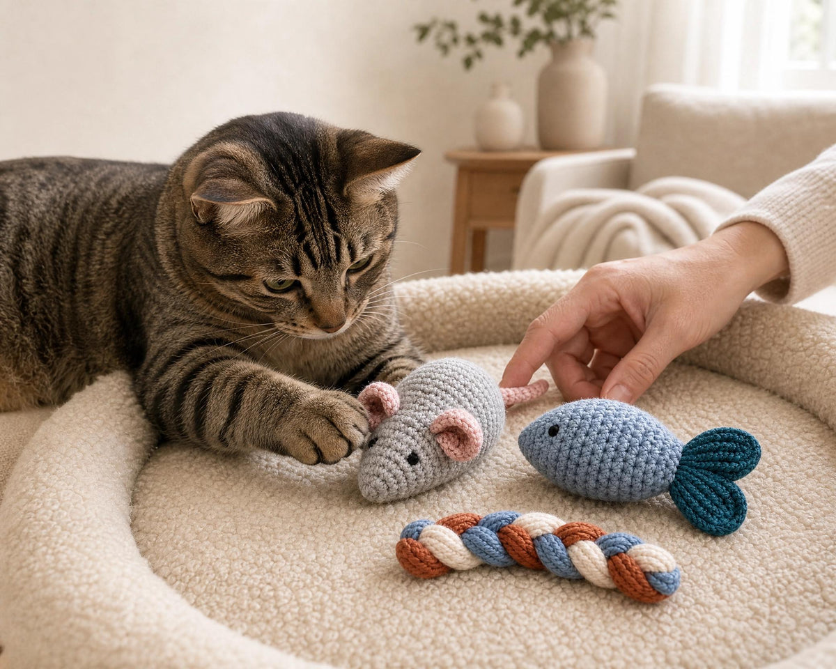 Crochet Cat Toy Patterns PDF, 3 Beginner Designs: Mouse, Fish & Braid, Digital Download, US Terms