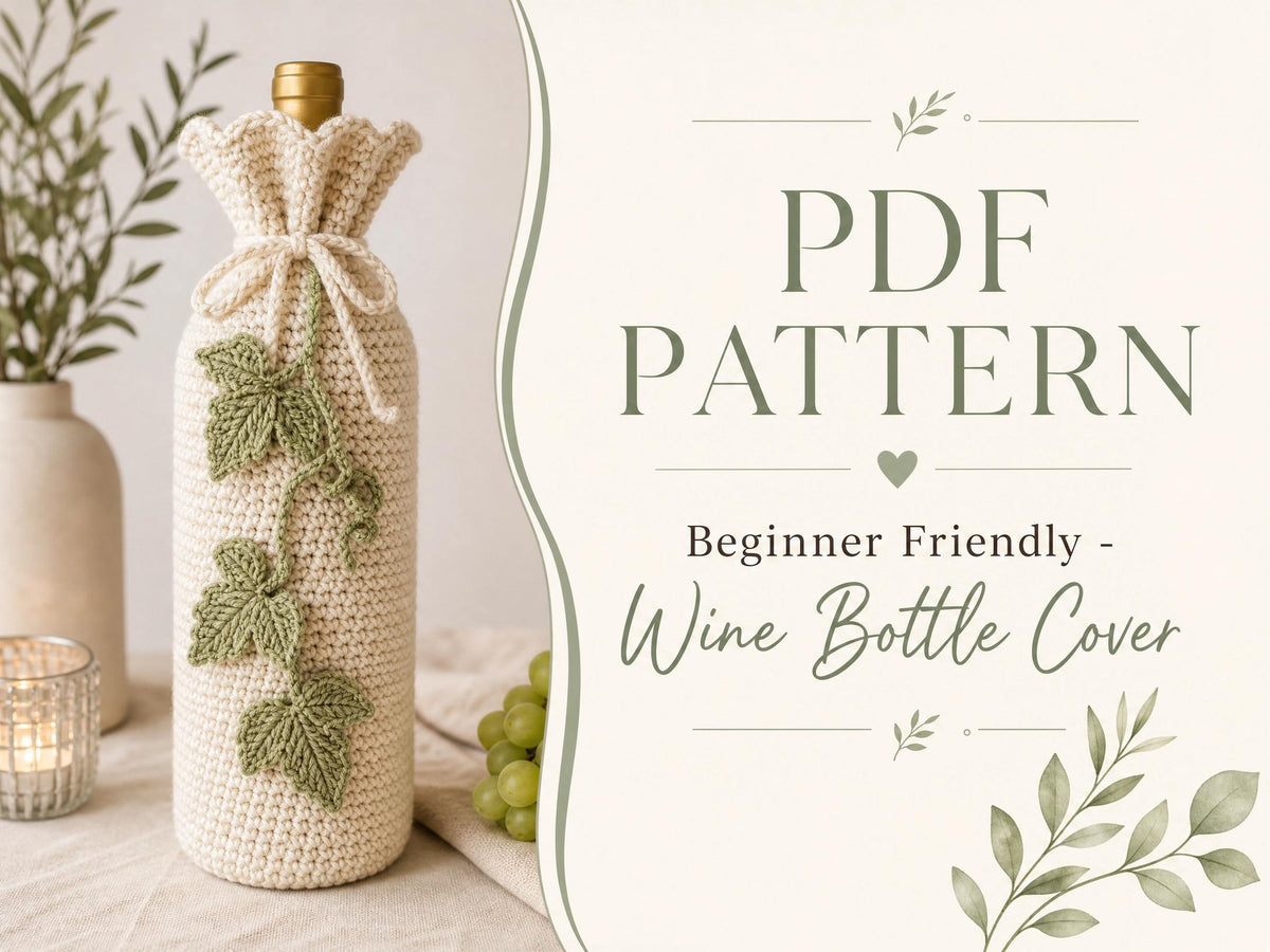Textured Crochet Wine Bottle Cover Pattern | Sage Green Leaf Appliqué (PDF Pattern)