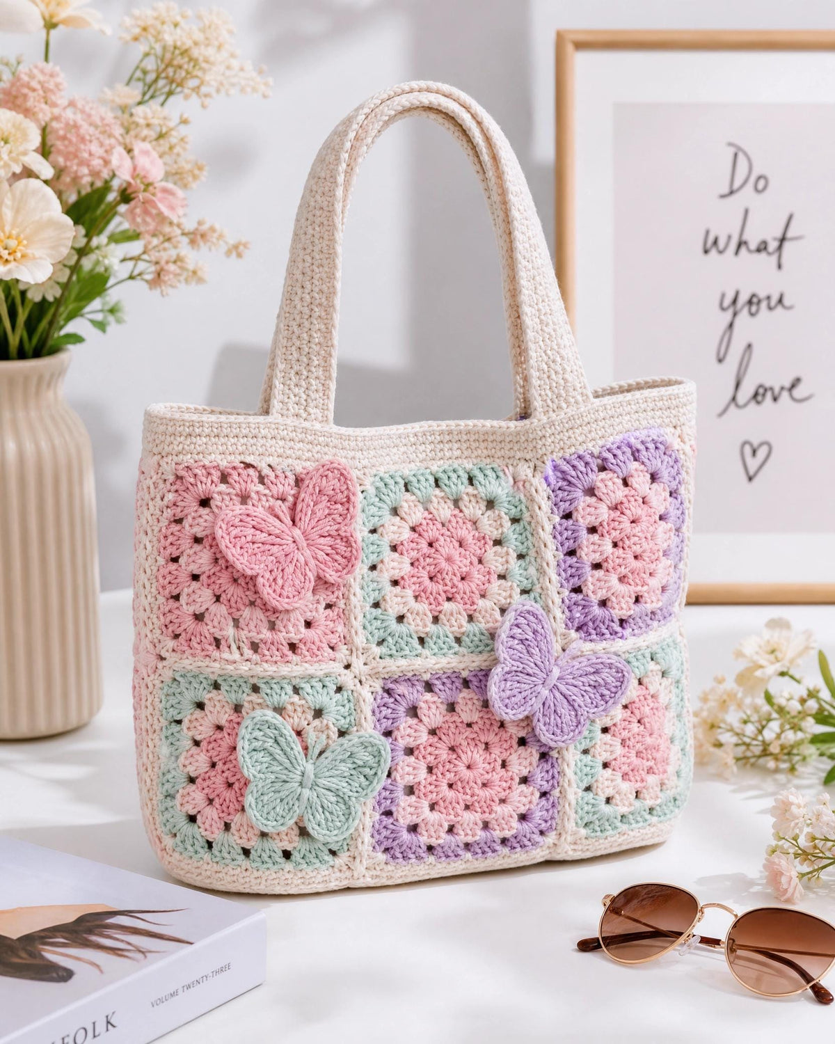 Pastel Granny Square Butterfly Bag Crochet Pattern – Beginner Tote (PDF Download)