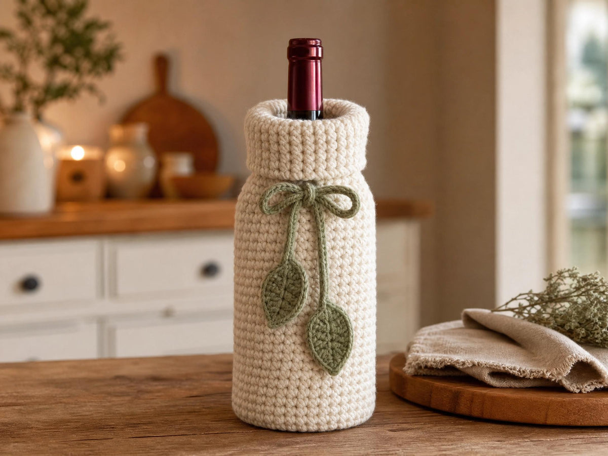 Textured Crochet Wine Bottle Cover Pattern | Sage Green Leaf Appliqué (PDF Pattern)