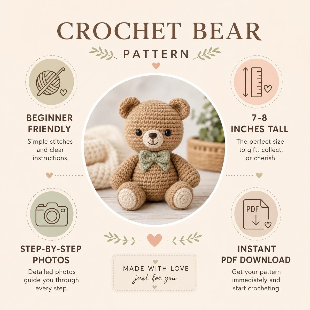 Crochet Bear Pattern | Amigurumi Teddy Bear Tutorial (PDF Download)