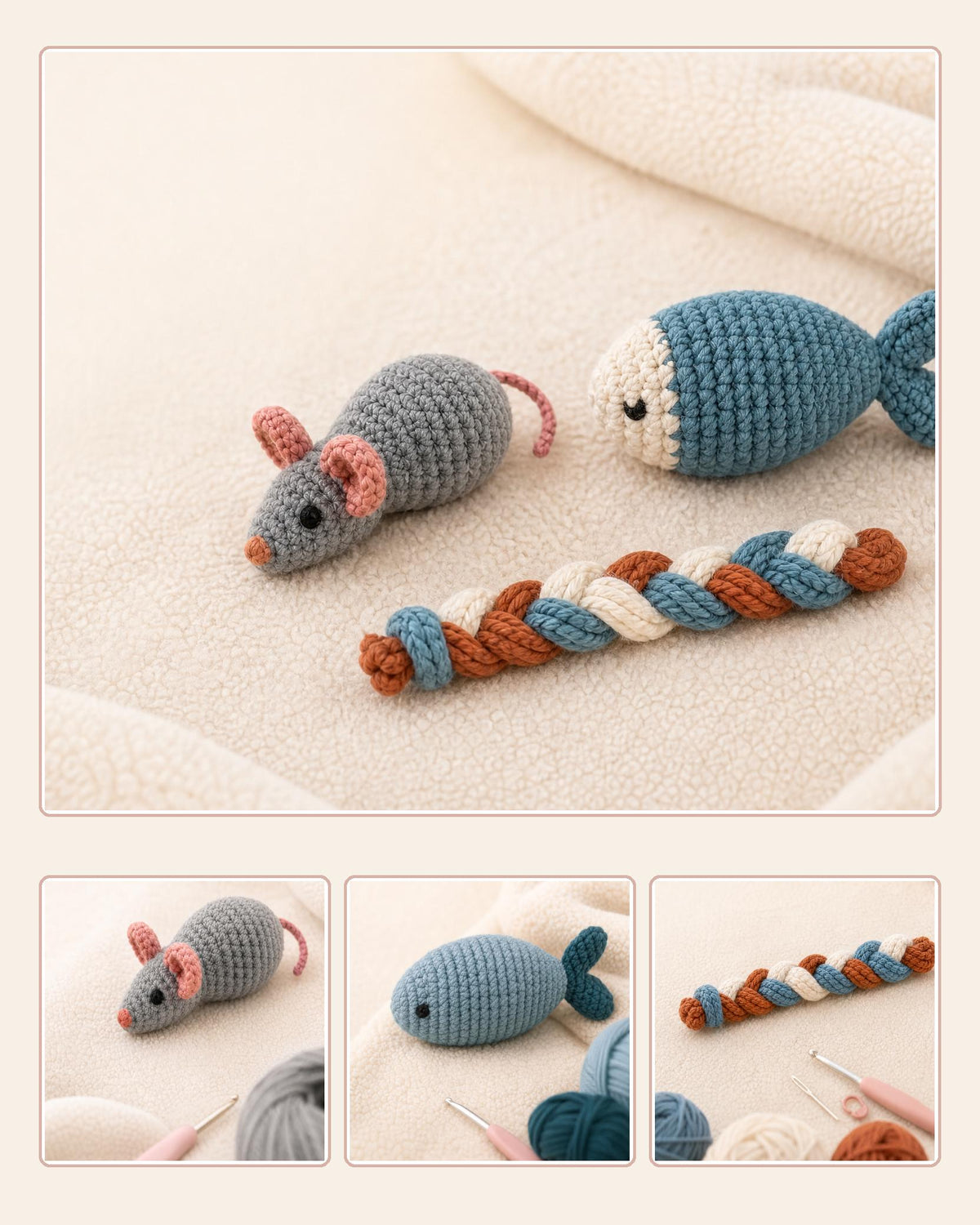 Crochet Cat Toy Patterns PDF, 3 Beginner Designs: Mouse, Fish & Braid, Digital Download, US Terms