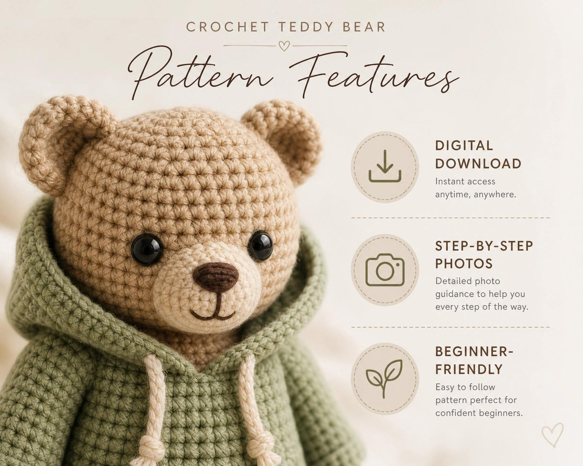 Crochet Teddy Bear Pattern, Removable Hoodie Amigurumi Plushie PDF (Instant Download)