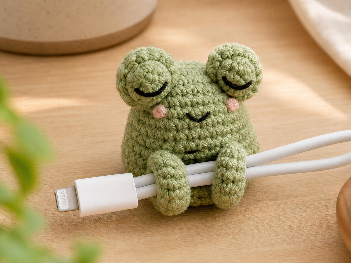 Crochet Frog, Mushroom, Bear Cable Holder Pattern, Beginner Amigurumi Desk Buddy (PDF Download)