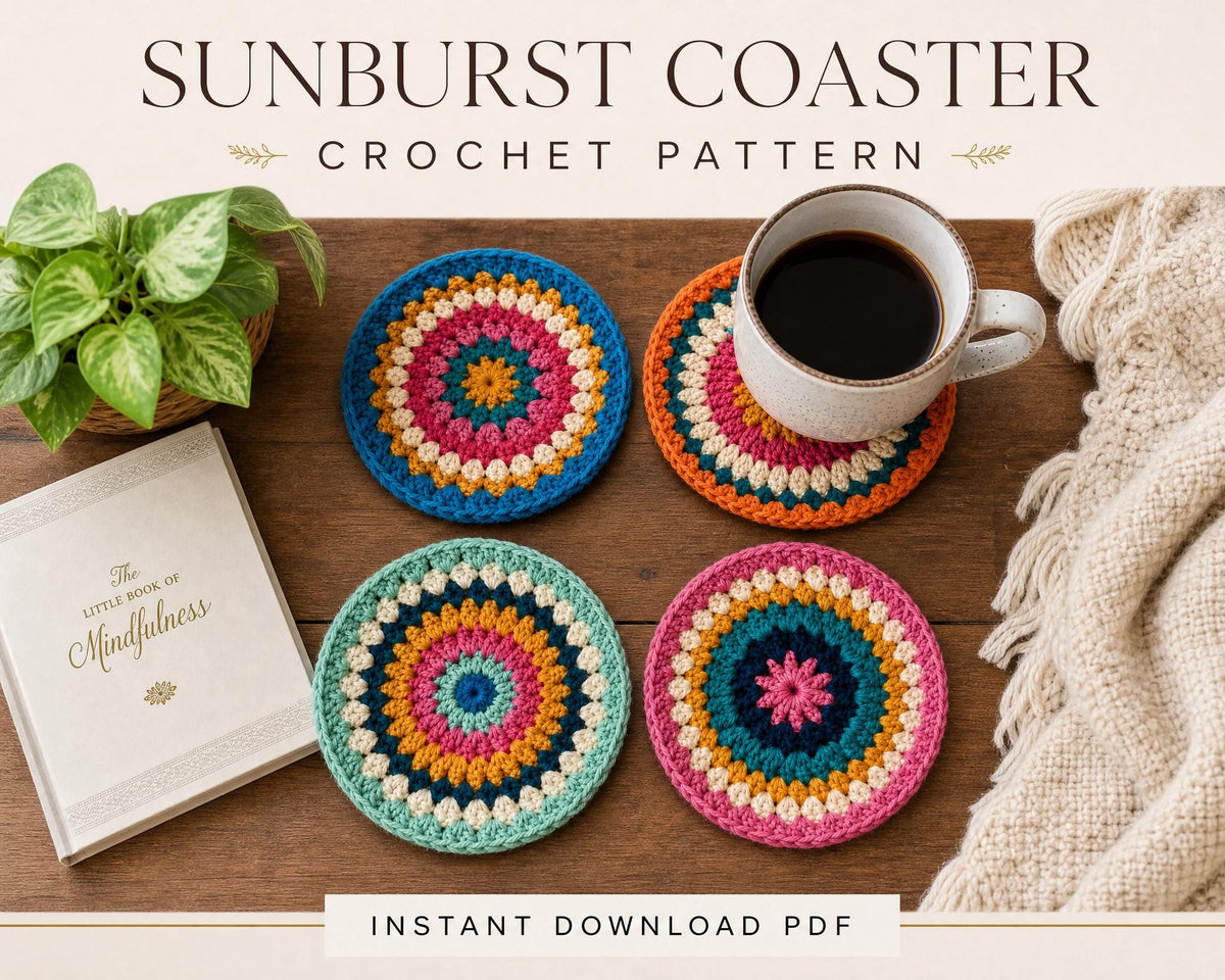Crochet Coaster Pattern PDF | Sunburst Mandala Coasters | Boho Home Decor | Instant Download