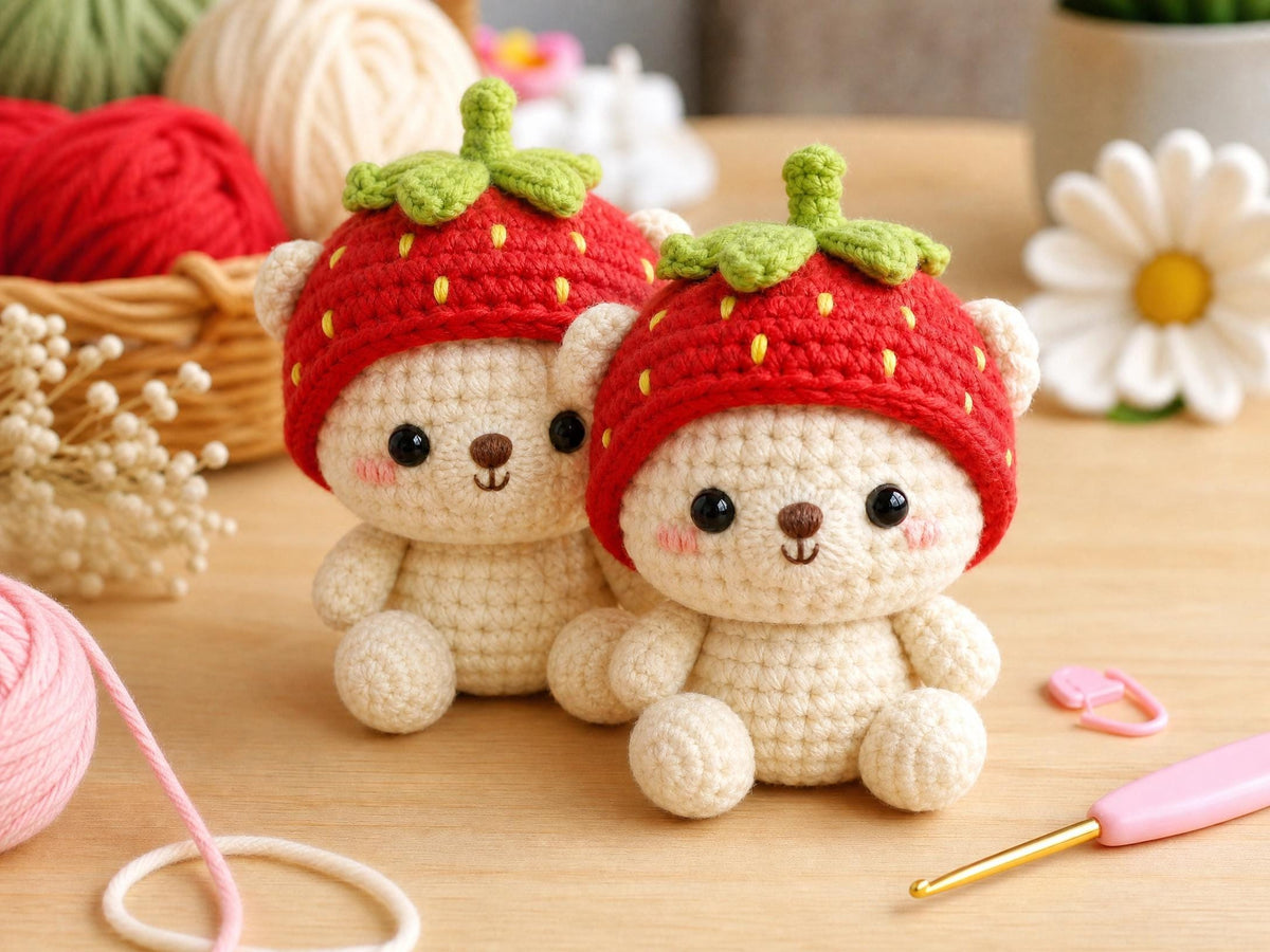 Strawberry Bear Crochet Pattern | Amigurumi Bag Charm Tutorial (PDF Download)