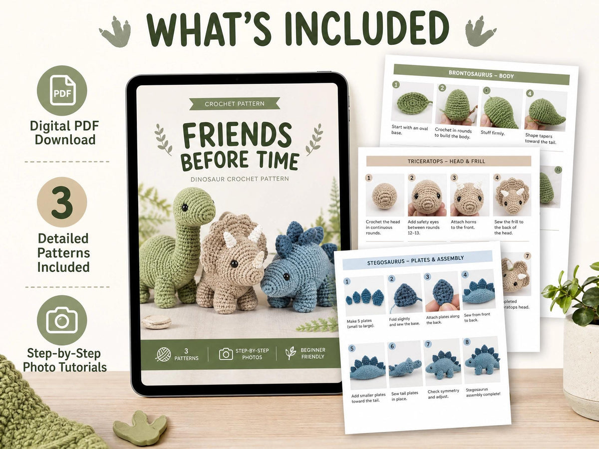 3-in-1 Dinosaur Crochet Pattern PDF | Mini Triceratops, Ankylosaurus & Dragon Amigurumi | No-Sew Plush | Instant Download