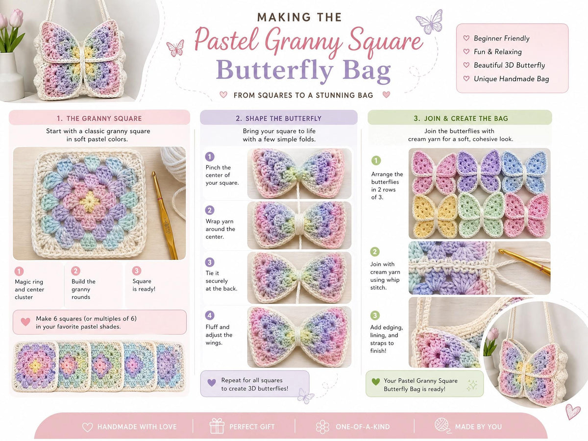 Pastel Granny Square Butterfly Bag Crochet Pattern – Beginner Tote (PDF Download)