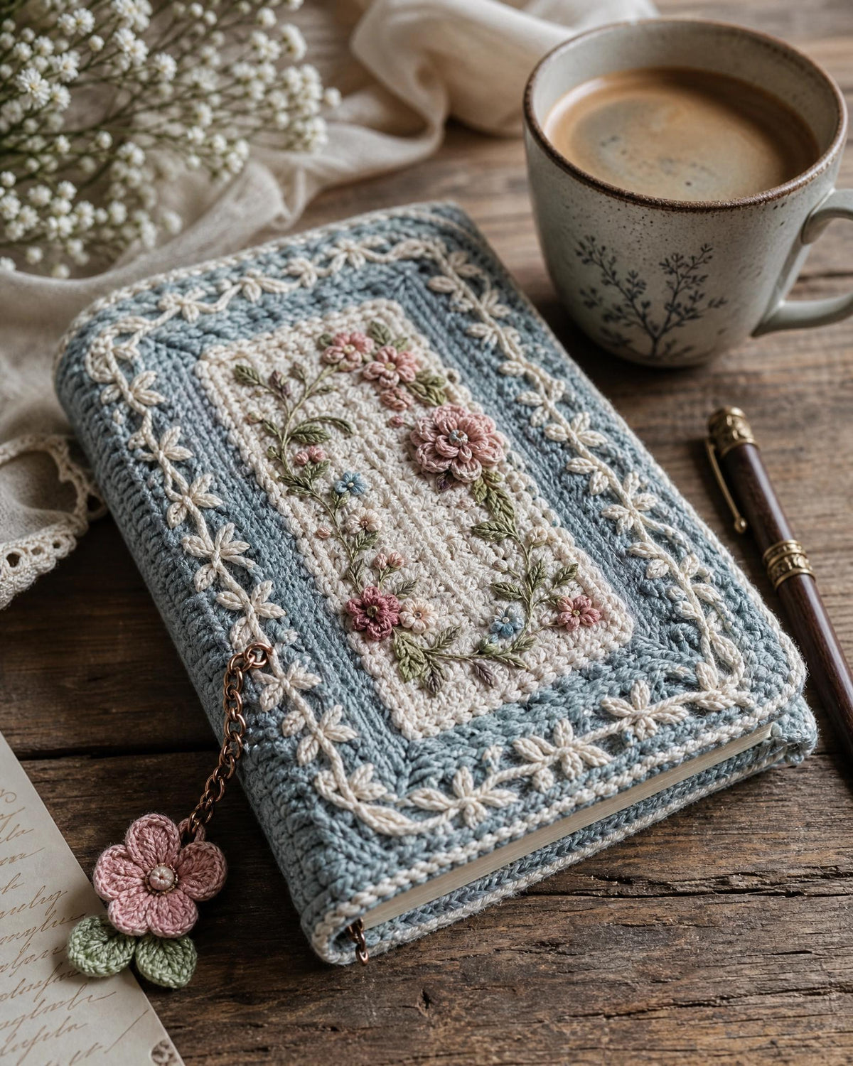 Vintage Floral Crochet Journal Cover Pattern – Beginner Friendly Book Sleeve (PDF Download)