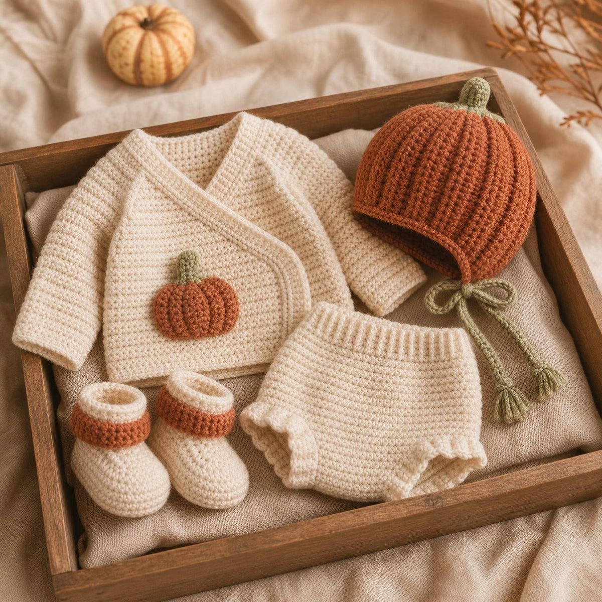 Pumpkin Newborn Crochet Pattern Set | Baby Cardigan, Bonnet, Booties & Diaper Cover PDF