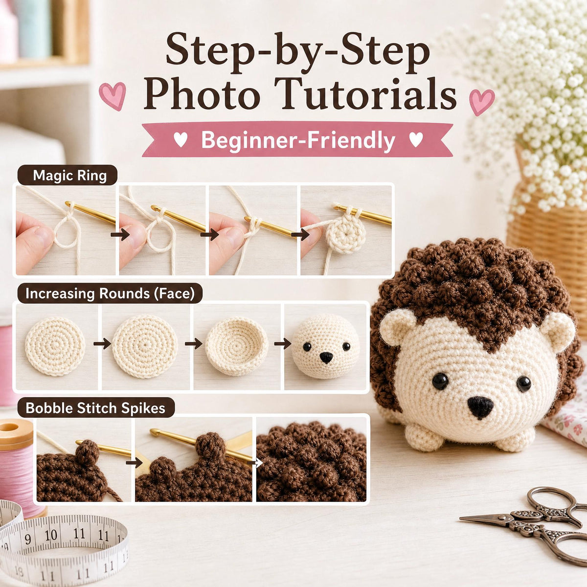Hedgehog Pincushion Crochet Pattern | Beginner Photo Tutorial + Video (PDF Download)